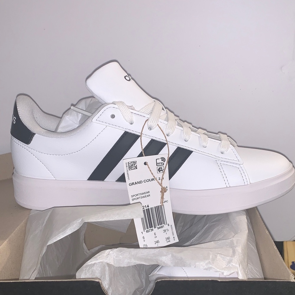 Adidas Grand Court White with Black Stripes, woman, new in the box, #7.5
